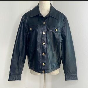 Ralph Lauren navy Blue 100 Leather Jacket with Gold Accents woman’s large